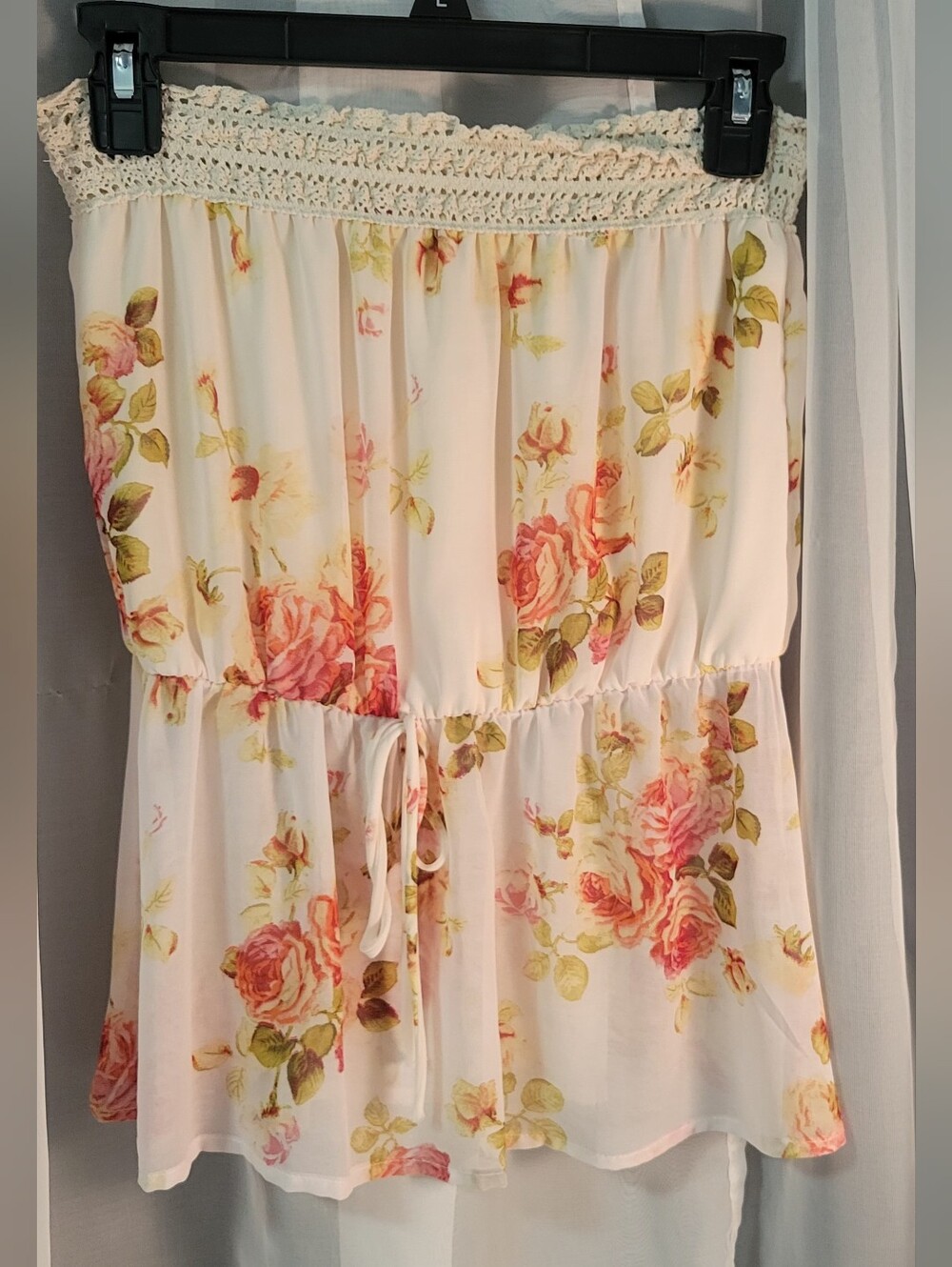 Papaya Cream Floral Strapless Top with Pink Rose Print